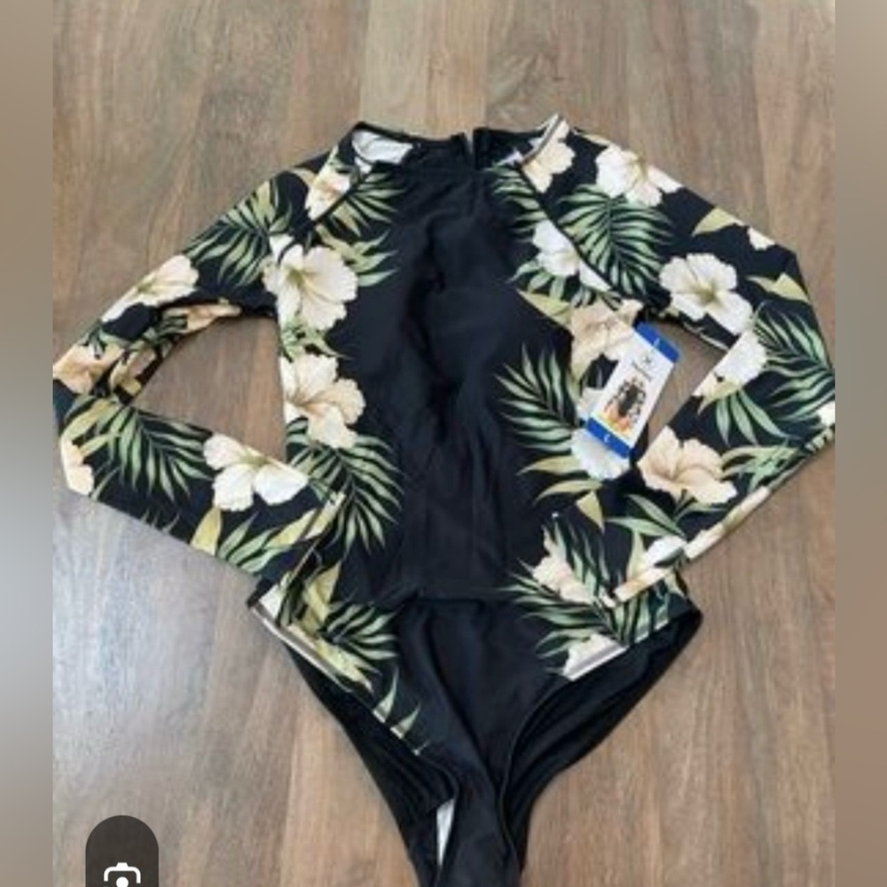 Hurley Black Floral Long Sleeve Rash Guard Swimsuit